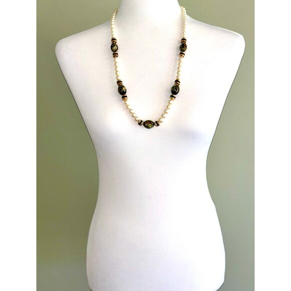 Vintage Japanese Faux Pearl Enamel Floral Beaded Statement Necklace - Picture 8 of 9